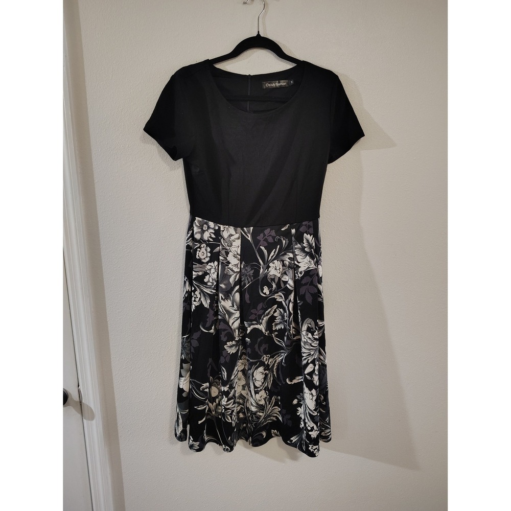 Oxiuly Fashion Womens Black Grey Floral Fit and Flare Midi Dress Short Sleeve‎ M
